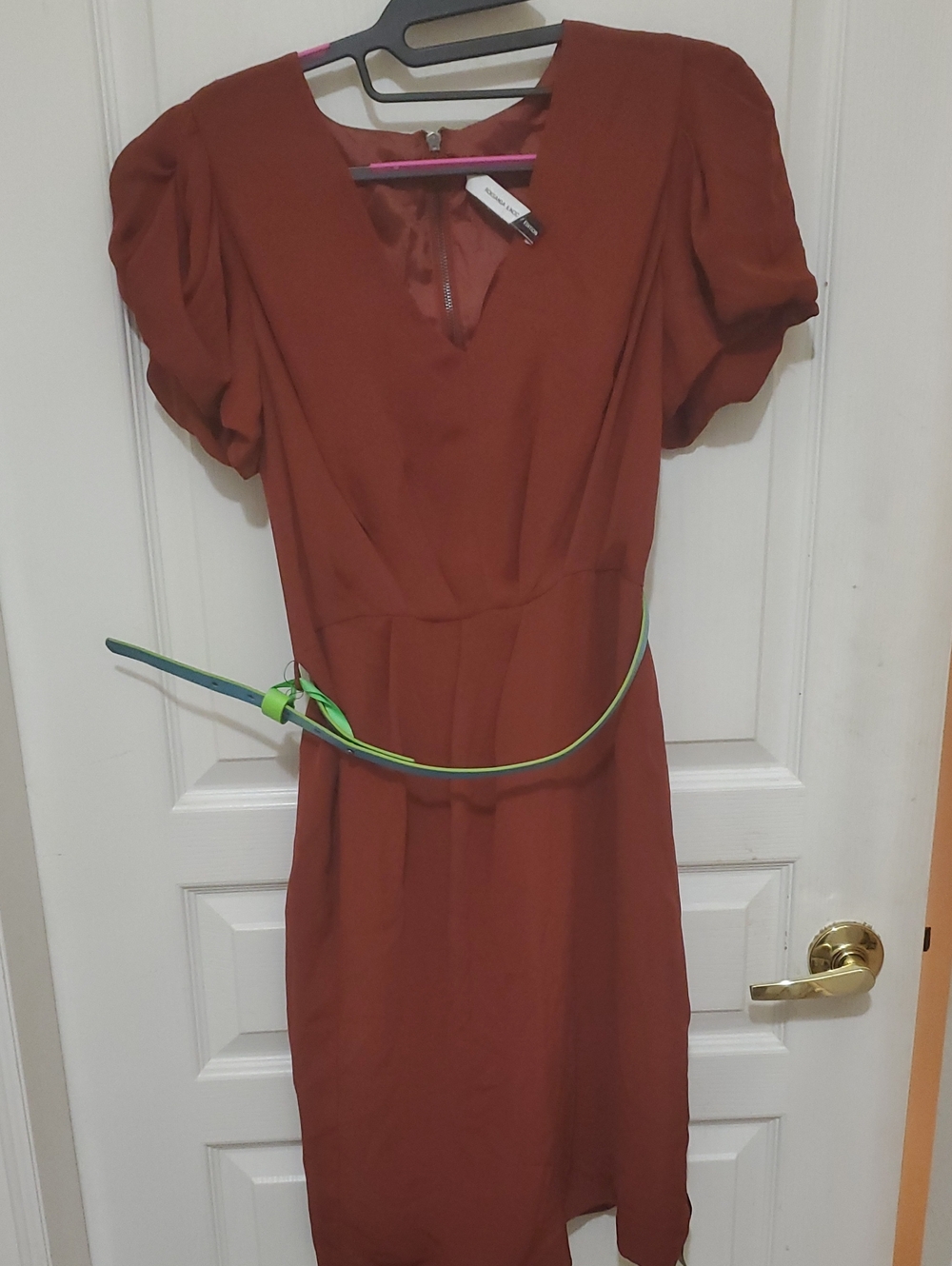Roksanda Ilincic Rust V-Neck Midi Dress with Puff Sleeves